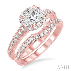 1 Ctw Diamond Wedding Set with 3/4 Ctw Princess Cut Engagement Ring and 1/5 Ctw Wedding Band in 14K Rose Gold