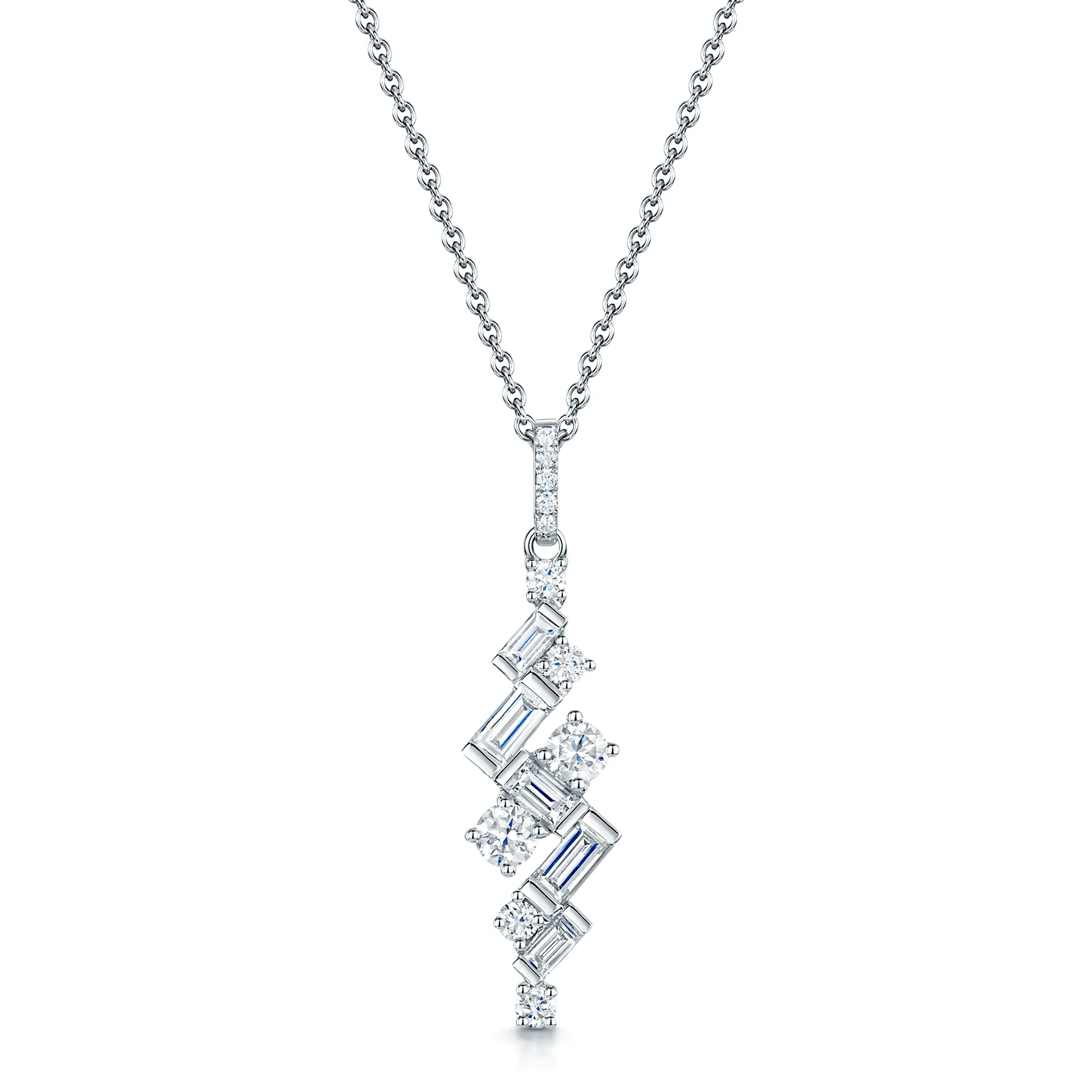 18ct White Gold Pendant with Baguette & Round Brilliant Cut Diamonds