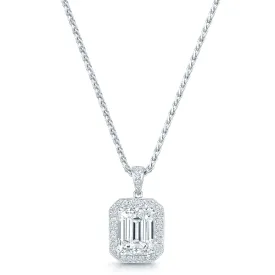 18ct White Gold GIA Certificated Emerald Cut Diamond Pendant With a Grain Set Diamond Halo Frame And A Diamond Bale