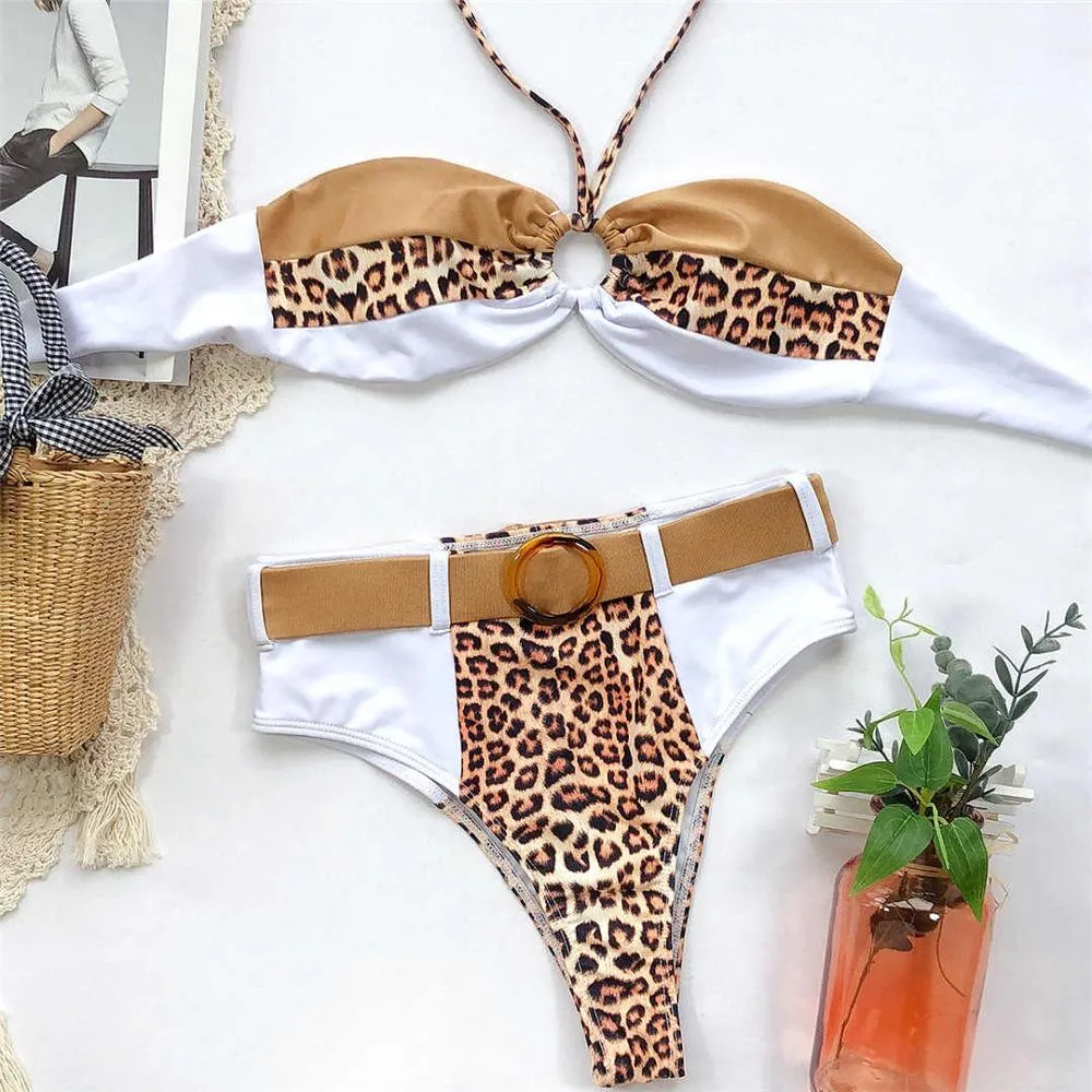 2 Colors Leopard High Waist Bikini Female Swimsuit Women Swimwear Two-pieces Bikini set With Belt Bather Bathing Suit Lady V2151