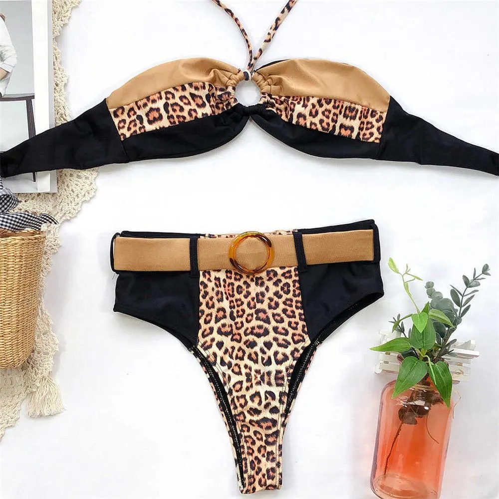 2 Colors Leopard High Waist Bikini Female Swimsuit Women Swimwear Two-pieces Bikini set With Belt Bather Bathing Suit Lady V2151