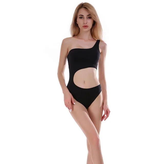 2021 HUAN BEAUTY Sexy One shoulder Navel Rompers Women Backless Swimsuit Sizes S - XL