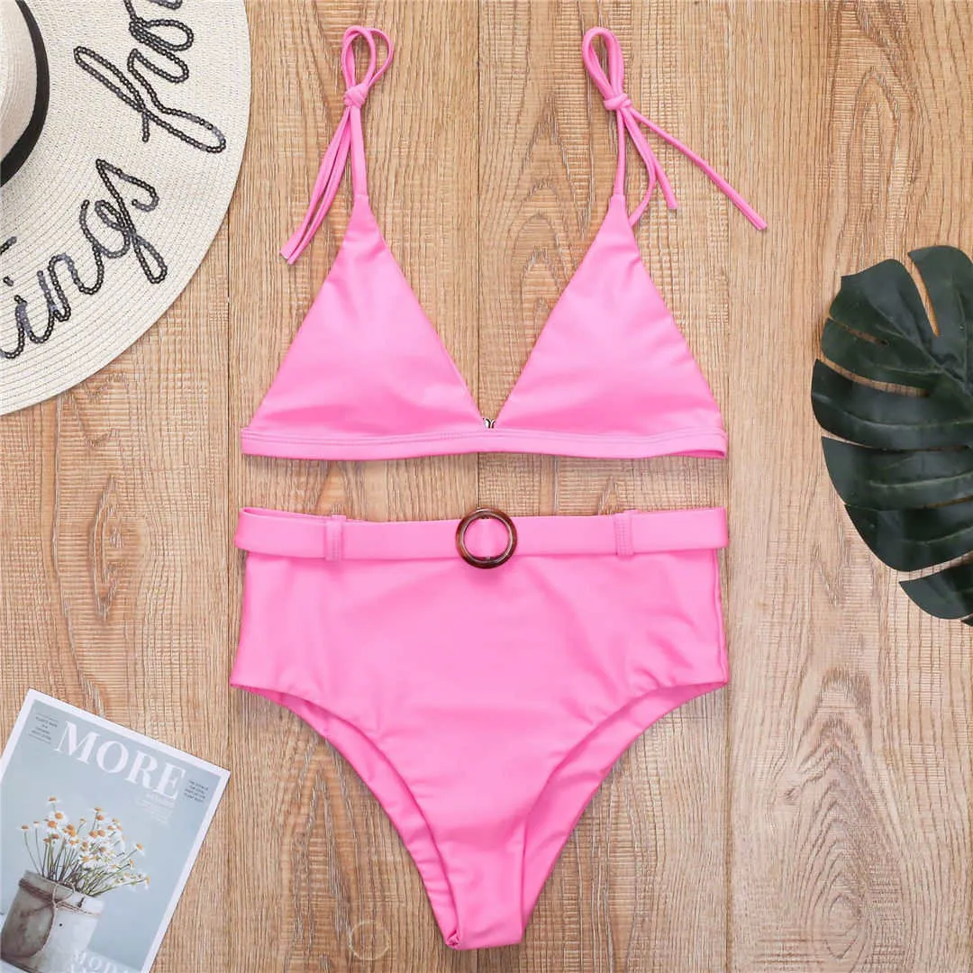 4 Colors Female Swimsuit High Waist Bikini 2022 Women Swimwear Two-pieces Bikini set With Belt Bather Bathing Suit Swim V2359