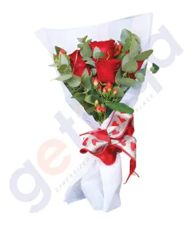 6 RED ROSES WITH HYPIRICUM AND EUCALIPTUS LEAVES IN WHITE WRAP