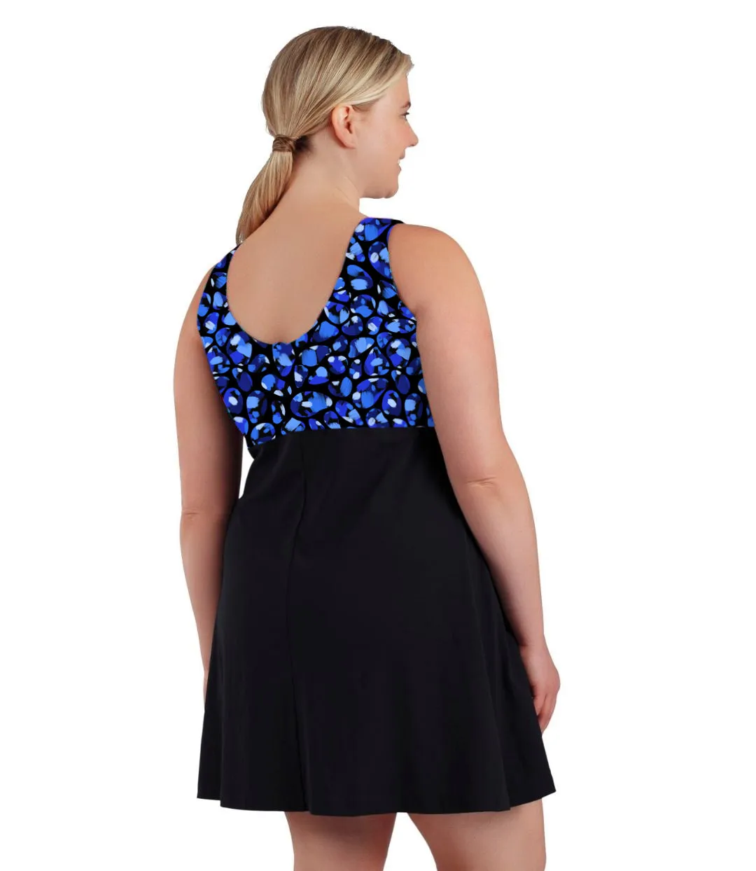 AquaSport Zip Front Swim Dress Ocean Blues Print Black