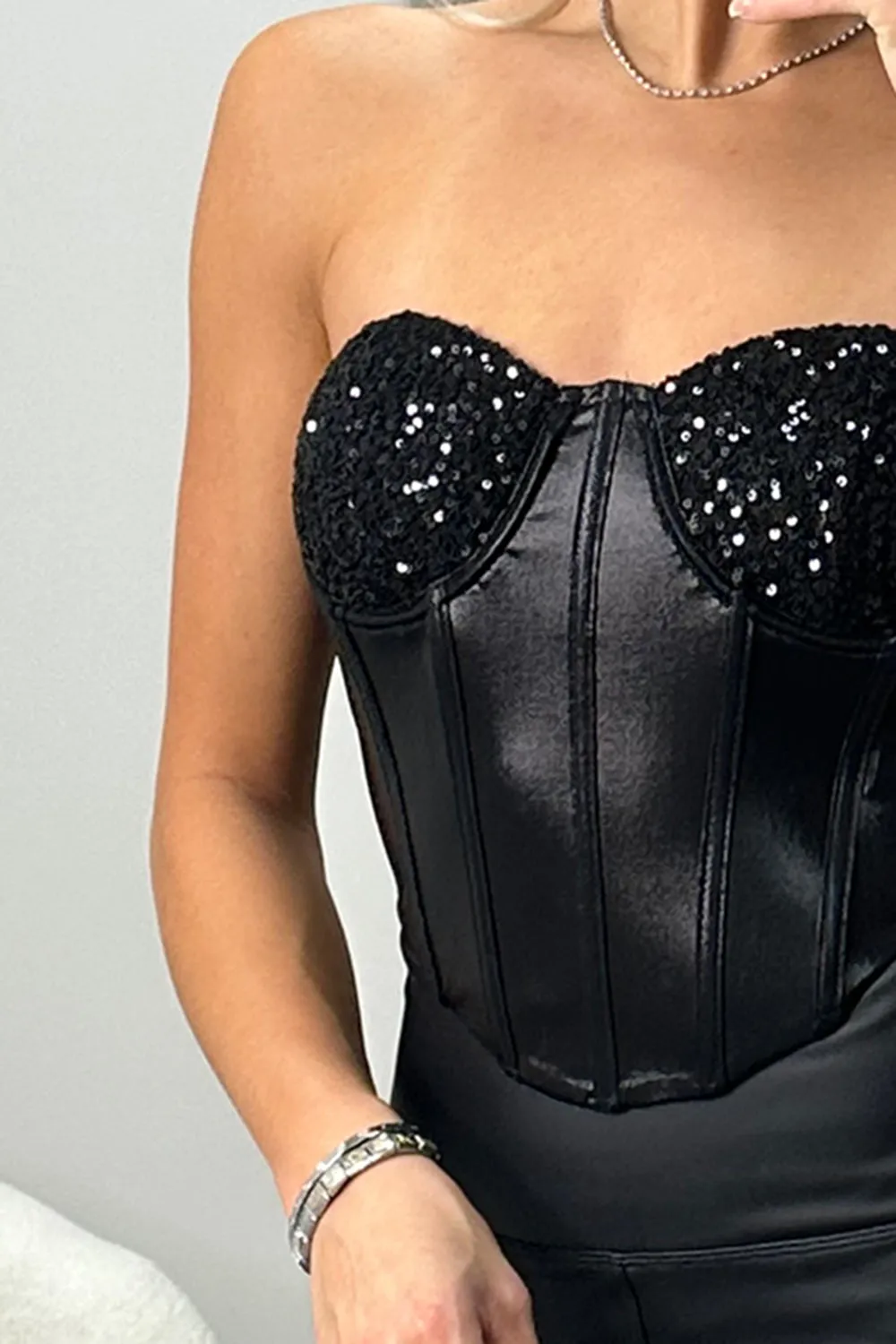 Arlene Black Sequin Metallic Corset Top