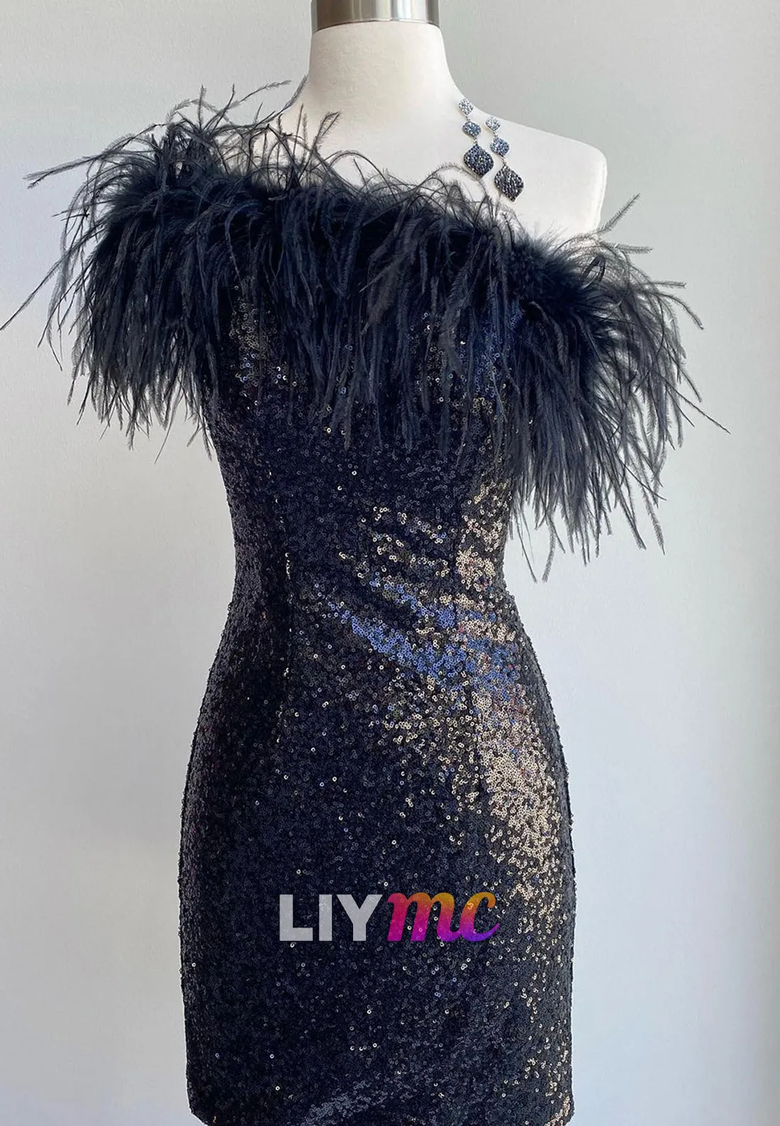 Asymmetrical Sleeveless Sequins Feathered Sheath Short Homecoming Dress