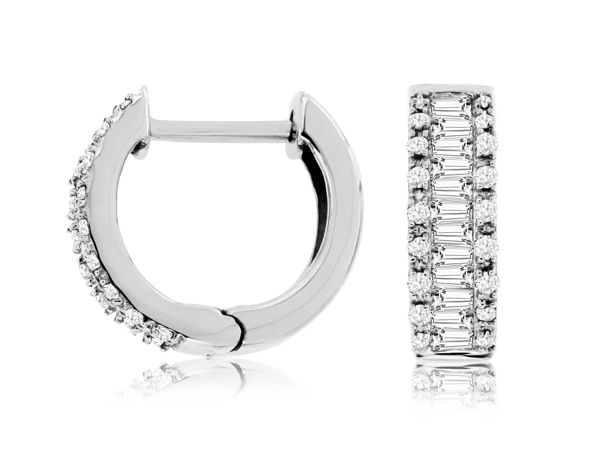 Baguette and Round Diamond Huggie Earrings