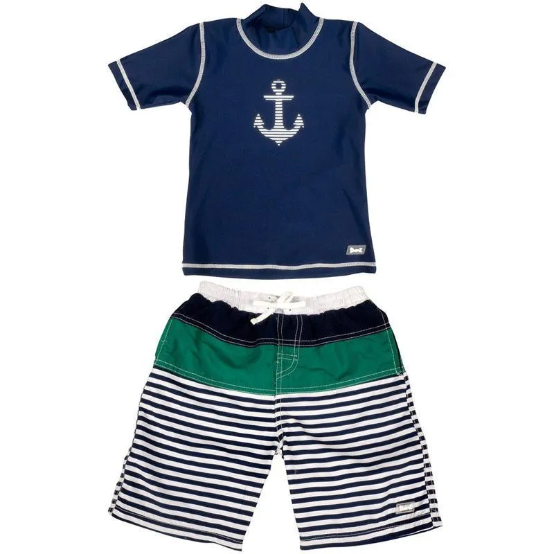 Banz Swimwear 2pc Short Sleeve Rash Guard   Shorts - Anchor