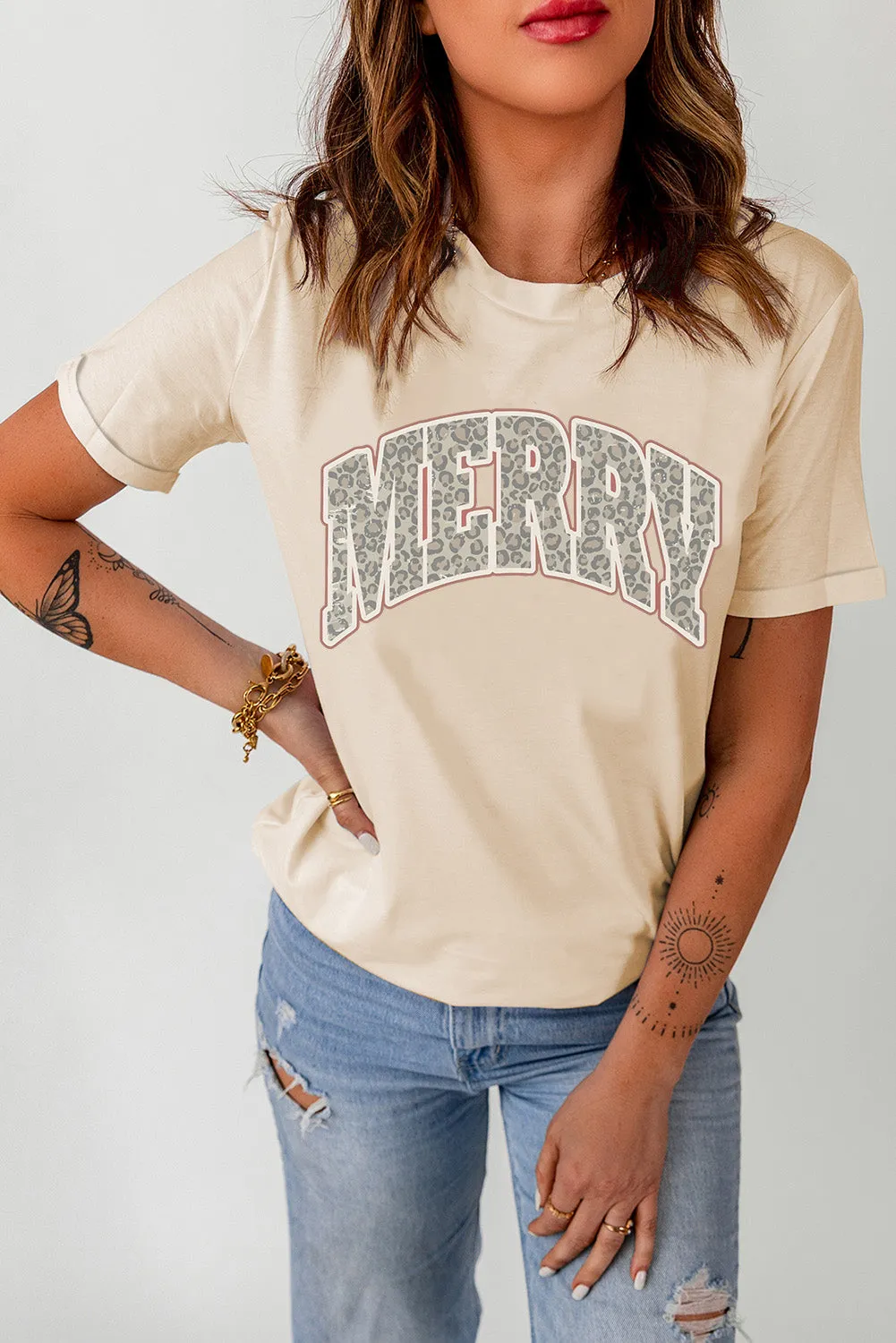 Beige Merry Leopard Letter Print Casual Top