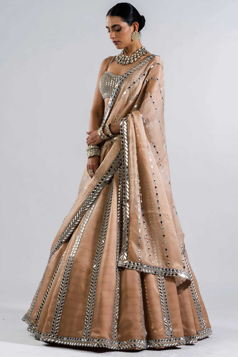 Beige Mirror Seam Lehenga