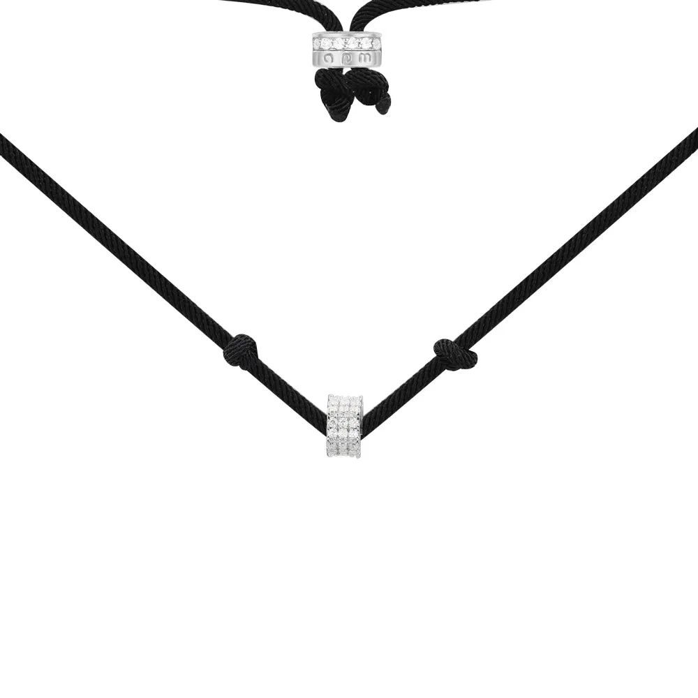 Black adjustable nylon necklace with sliding ring - silver