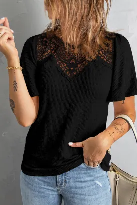 Black Crochet Splicing Flutter Sleeve Top