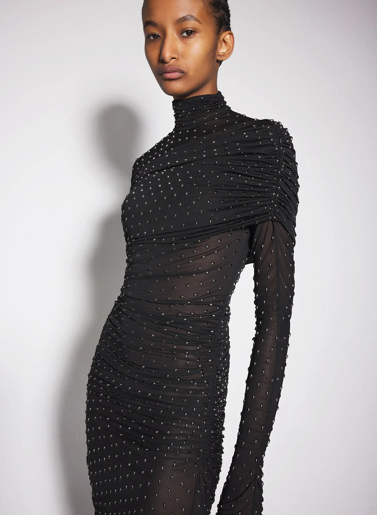 black embellished ruched dress