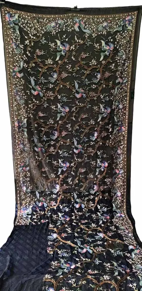 Black Hand Embroidered Parsi Gara Pure Georgette Bird Design Saree