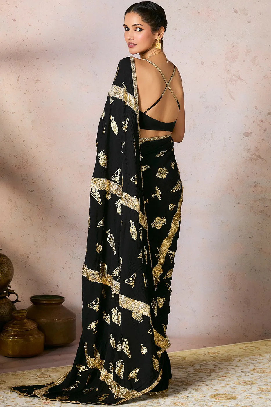 Black Pink Potters Touch Gota Saree