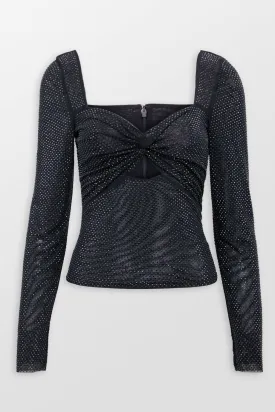 Black Rhinestone Mesh Top