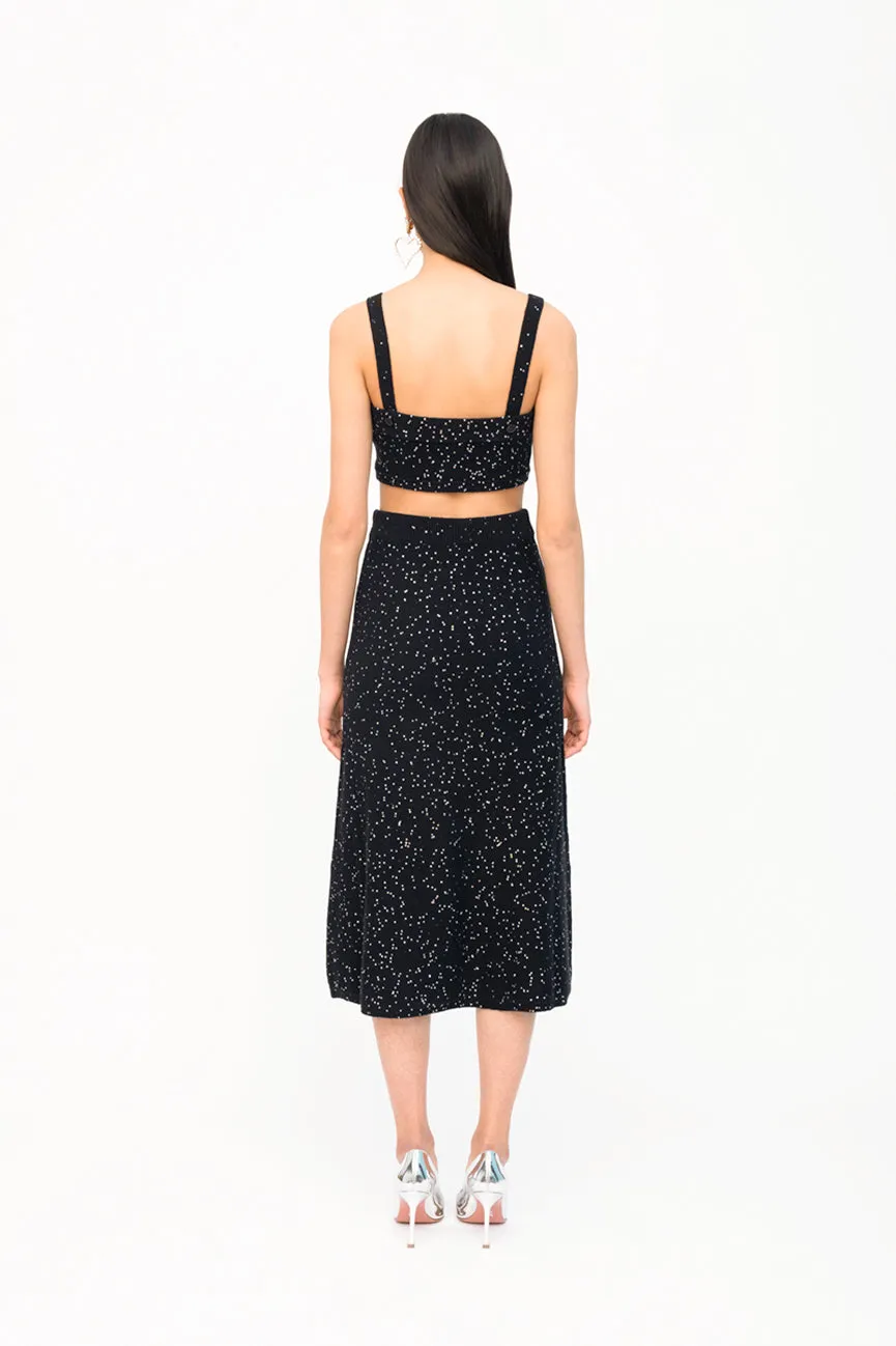 Black Sequins Flared Midi Skirt