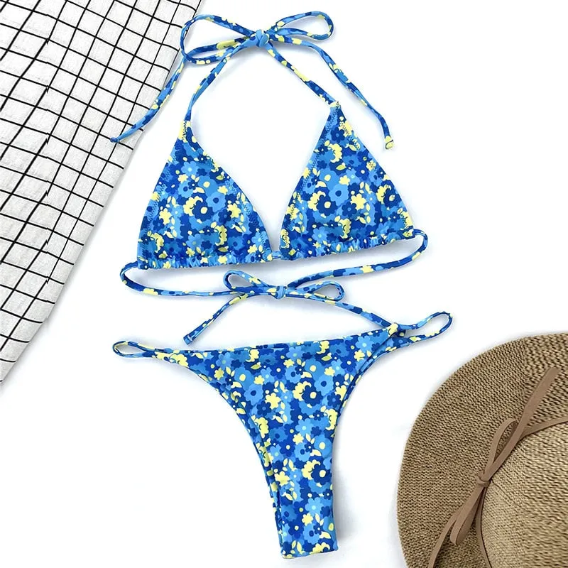 Blue Floral Print Triangle Micro Bikini