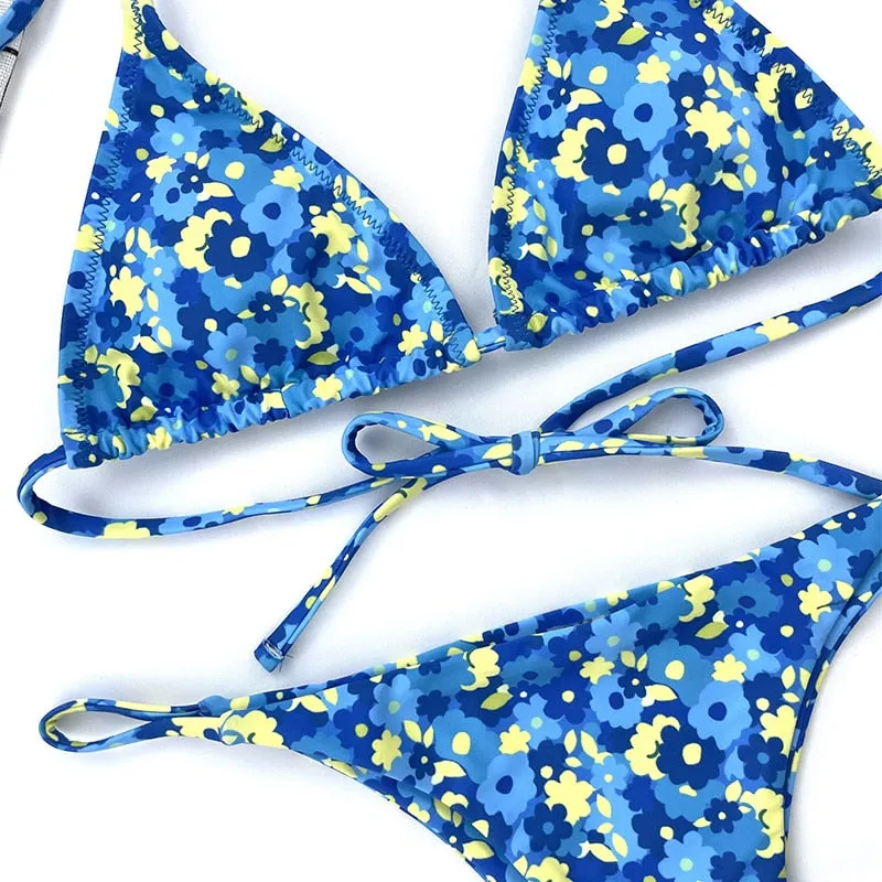 Blue Floral Print Triangle Micro Bikini