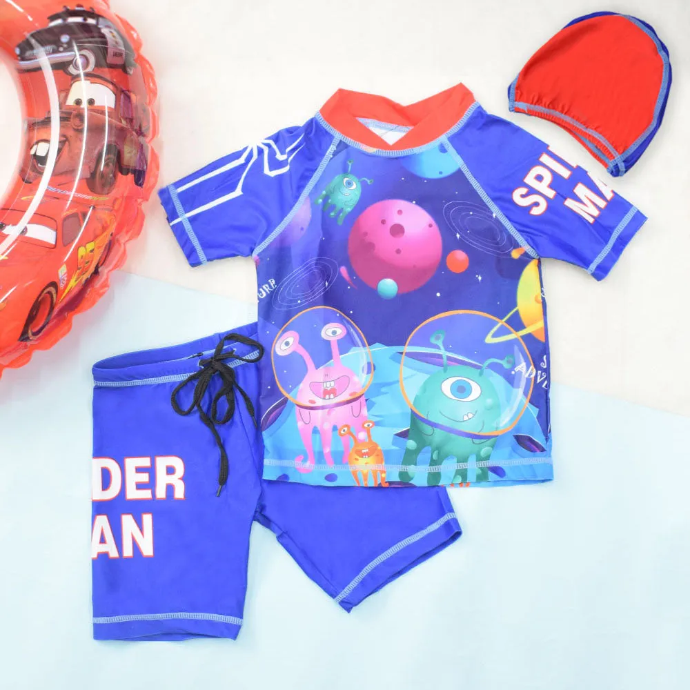 Blue Space Theme T-Shirt With Short & Cap Swimwear Set