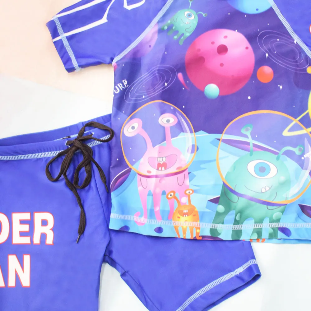 Blue Space Theme T-Shirt With Short & Cap Swimwear Set