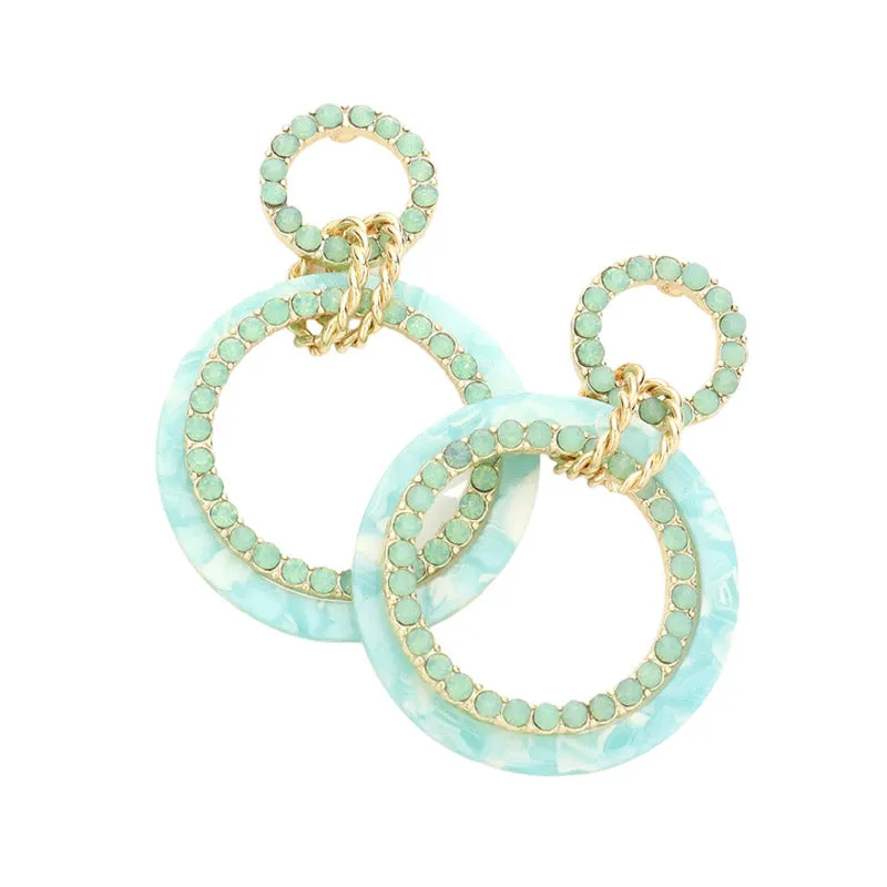 Celluloid Acetate Rhinestone Embellished Open Circle Link Dangle Earrings