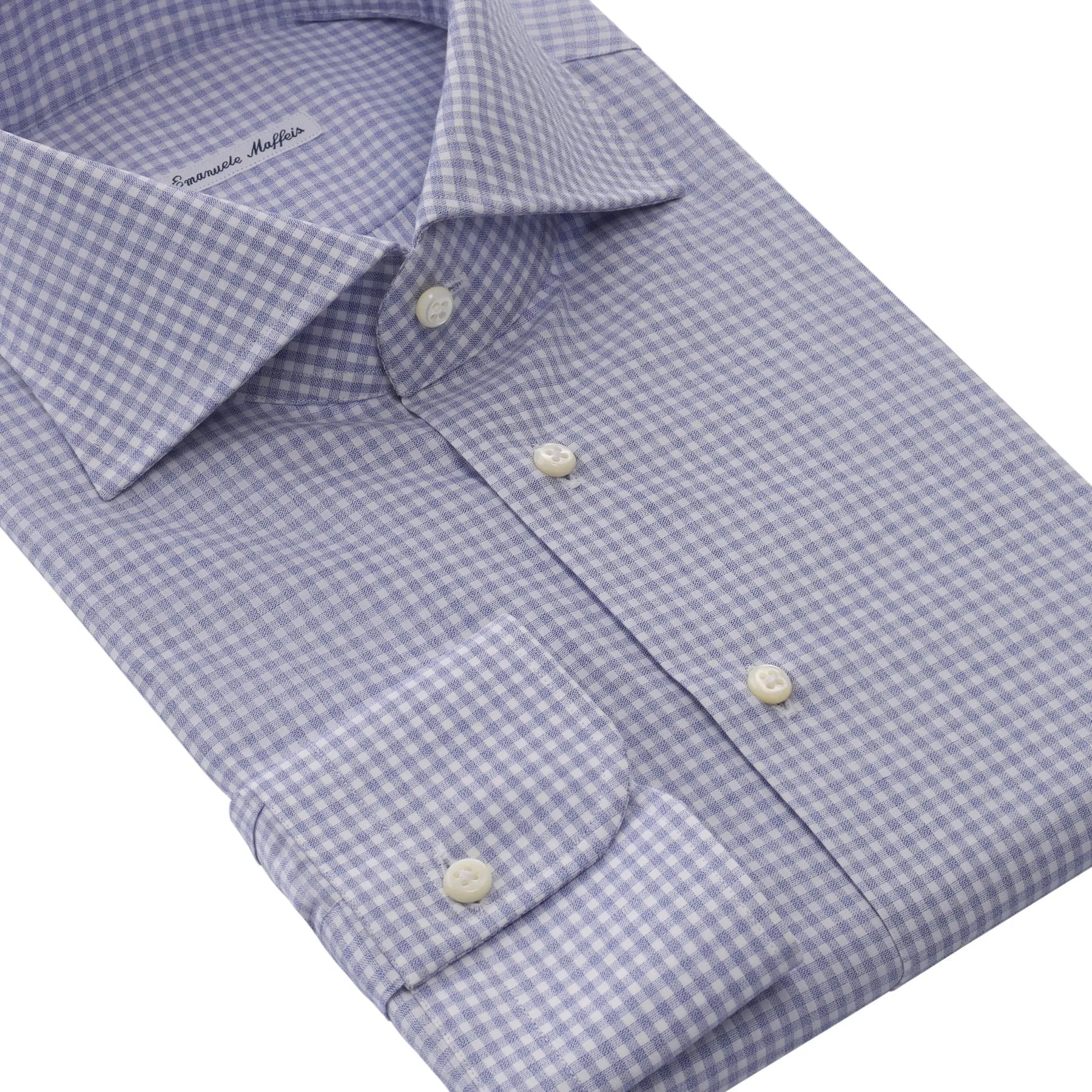 Checked Cotton Light Blue Shirt with Cutaway Collar