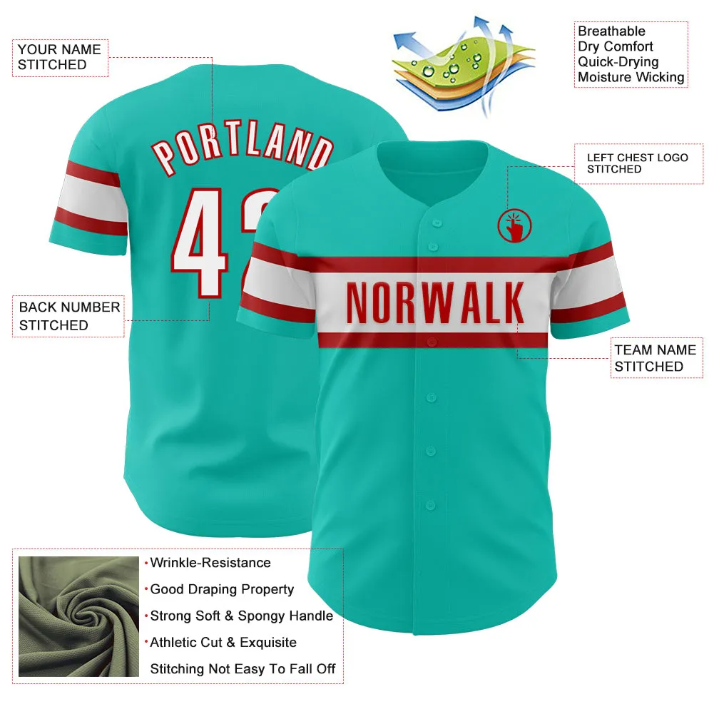 Custom Aqua White-Red Authentic Baseball Jersey