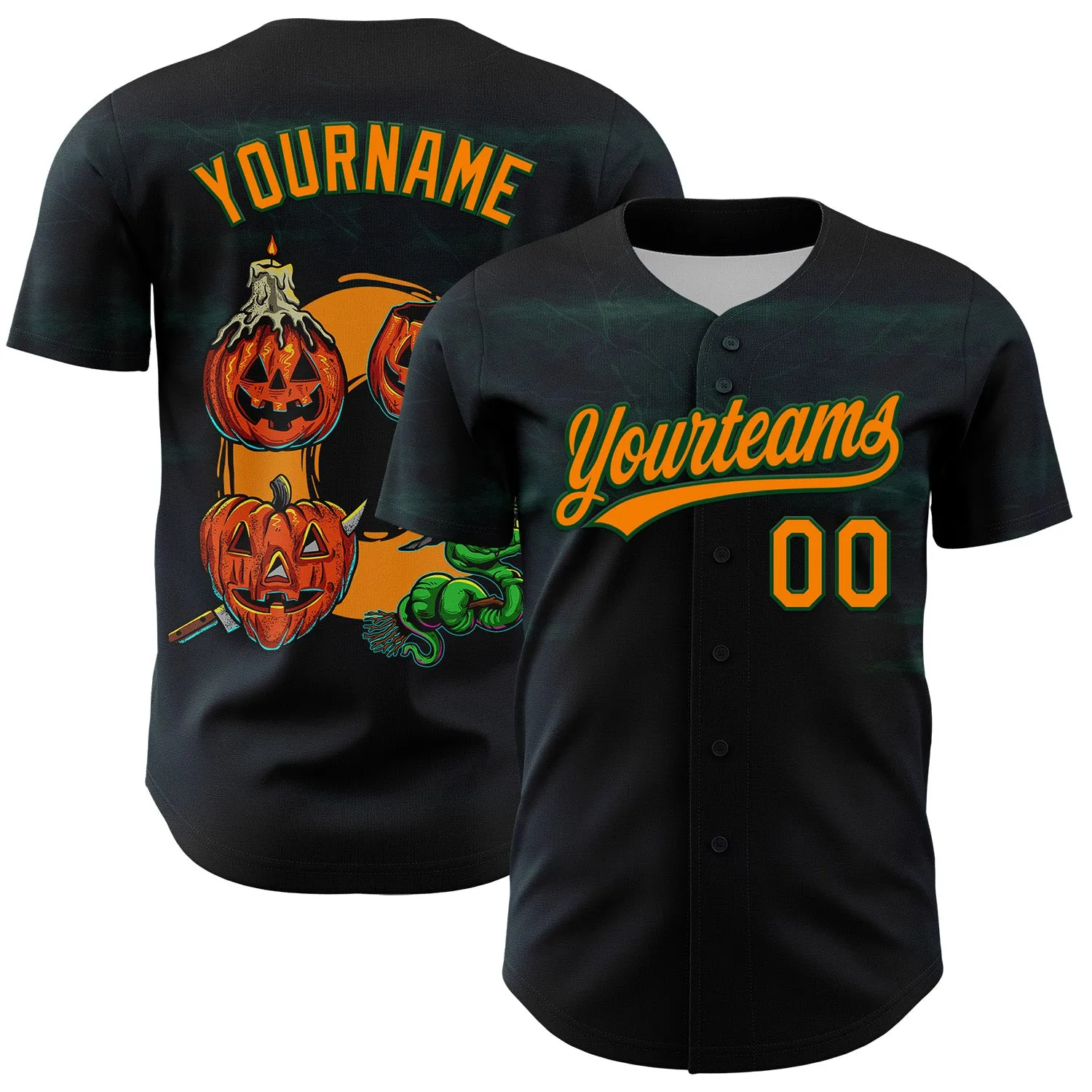 Custom Black Bay Orange-Green 3D Halloween Authentic Baseball Jersey