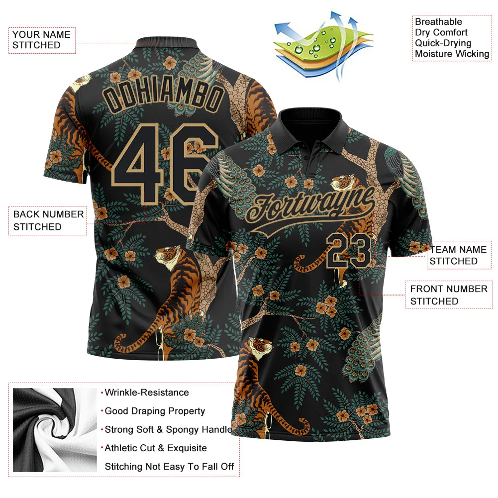 Custom Black Black-Old Gold 3D Pattern Design Tiger And Peacock Performance Vapor Golf Polo Shirt