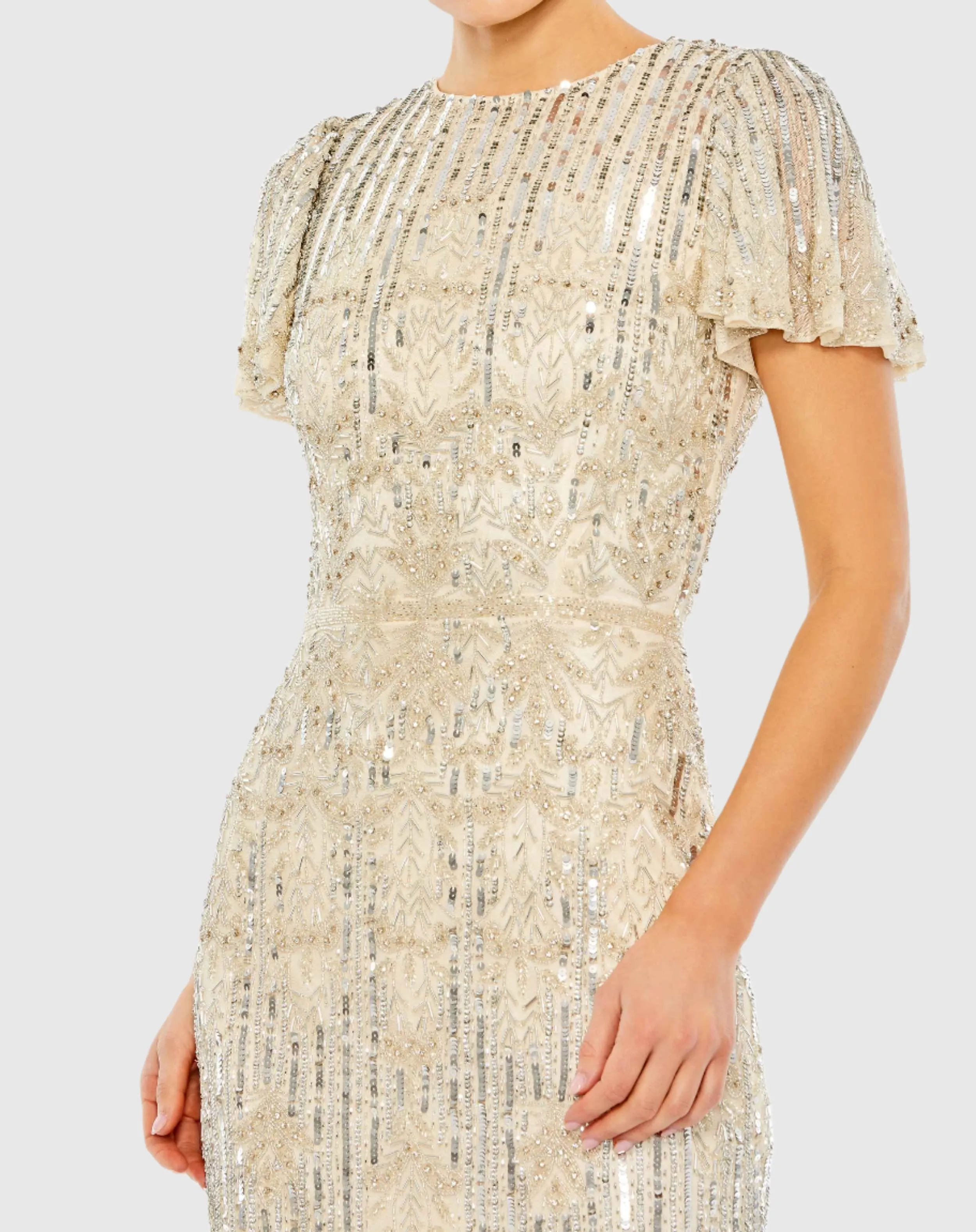 Embellished Flutter Sleeve High Neck Dress