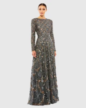 Embellished Illusion High Neck Long Sleeve A Line Gown