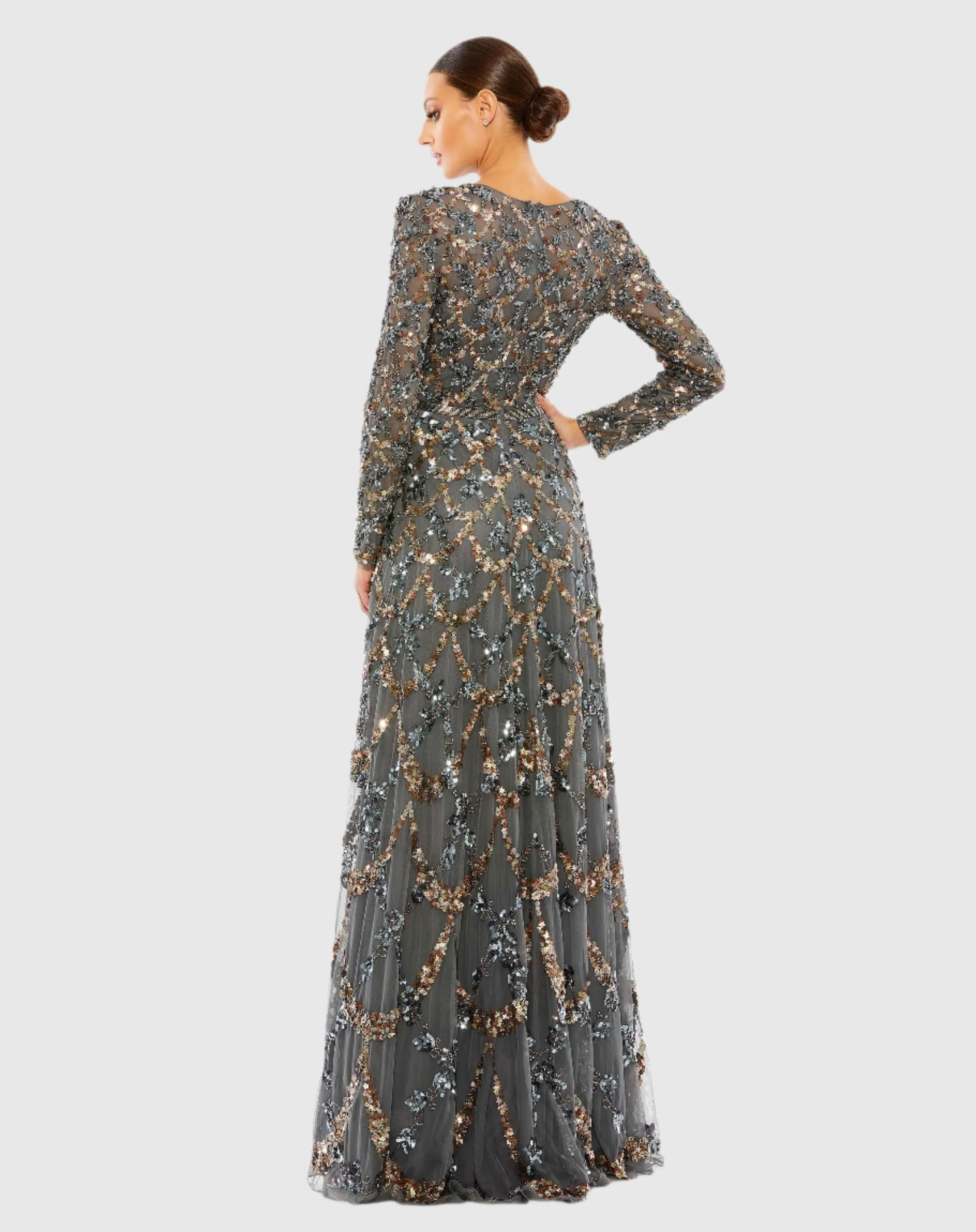 Embellished Illusion High Neck Long Sleeve A Line Gown