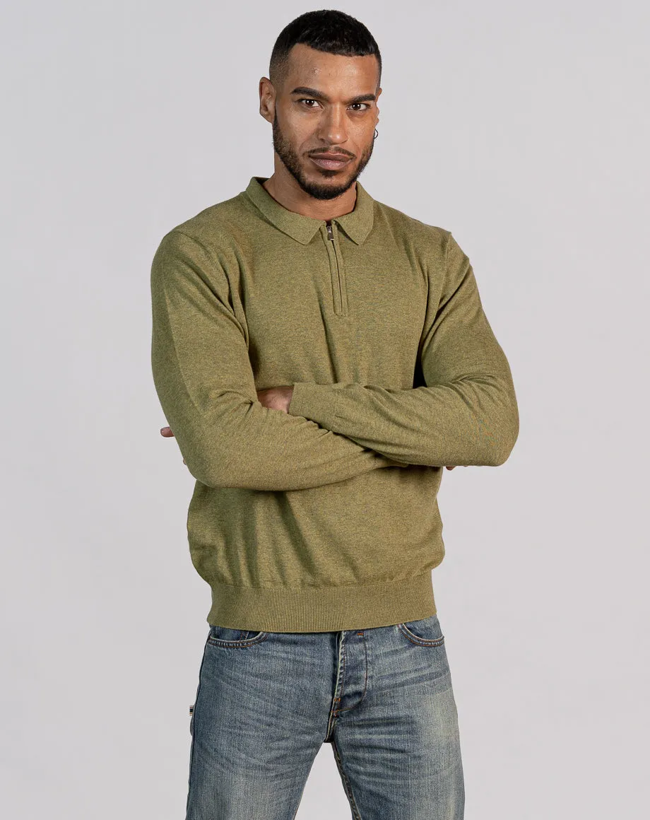 ESSENTIAL LONG SLEEVE ZIPPED POLO TOP - LIGHT KHAKI MARL