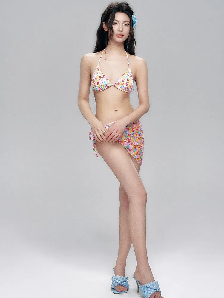 Floral Halter Neck Bikini with Side Tie Sarong