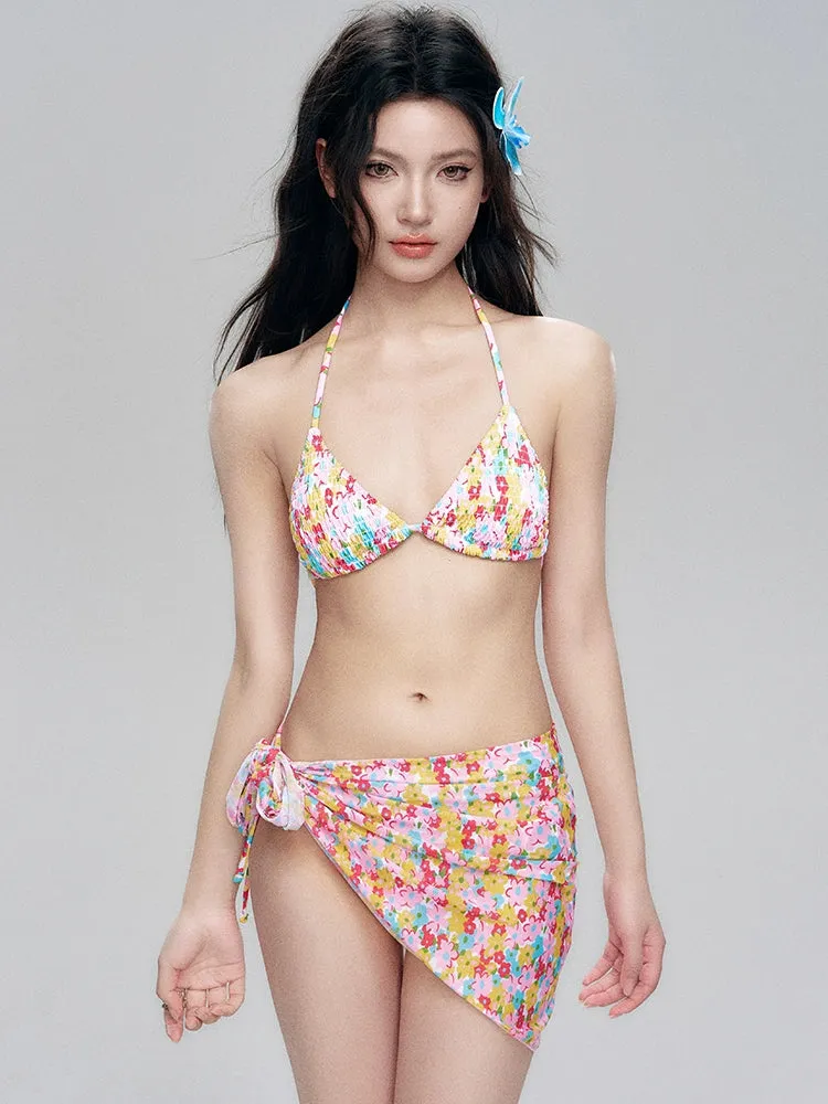 Floral Halter Neck Bikini with Side Tie Sarong