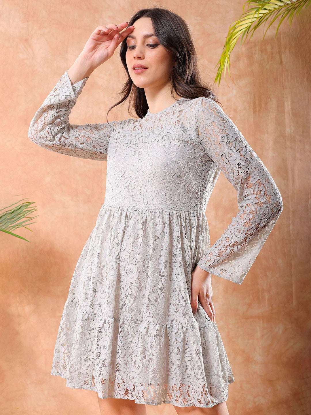 Freehand Women Grey Fit and Flare Lace Round Neck Tiered Dress