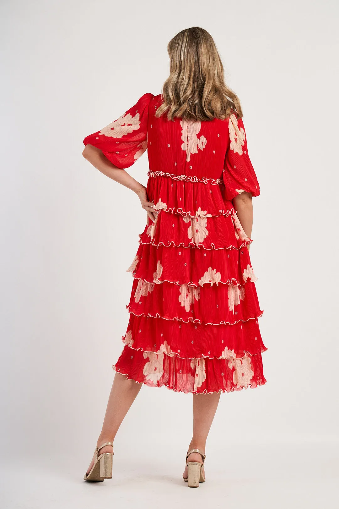 Ganni Red Floral Tiered Midi