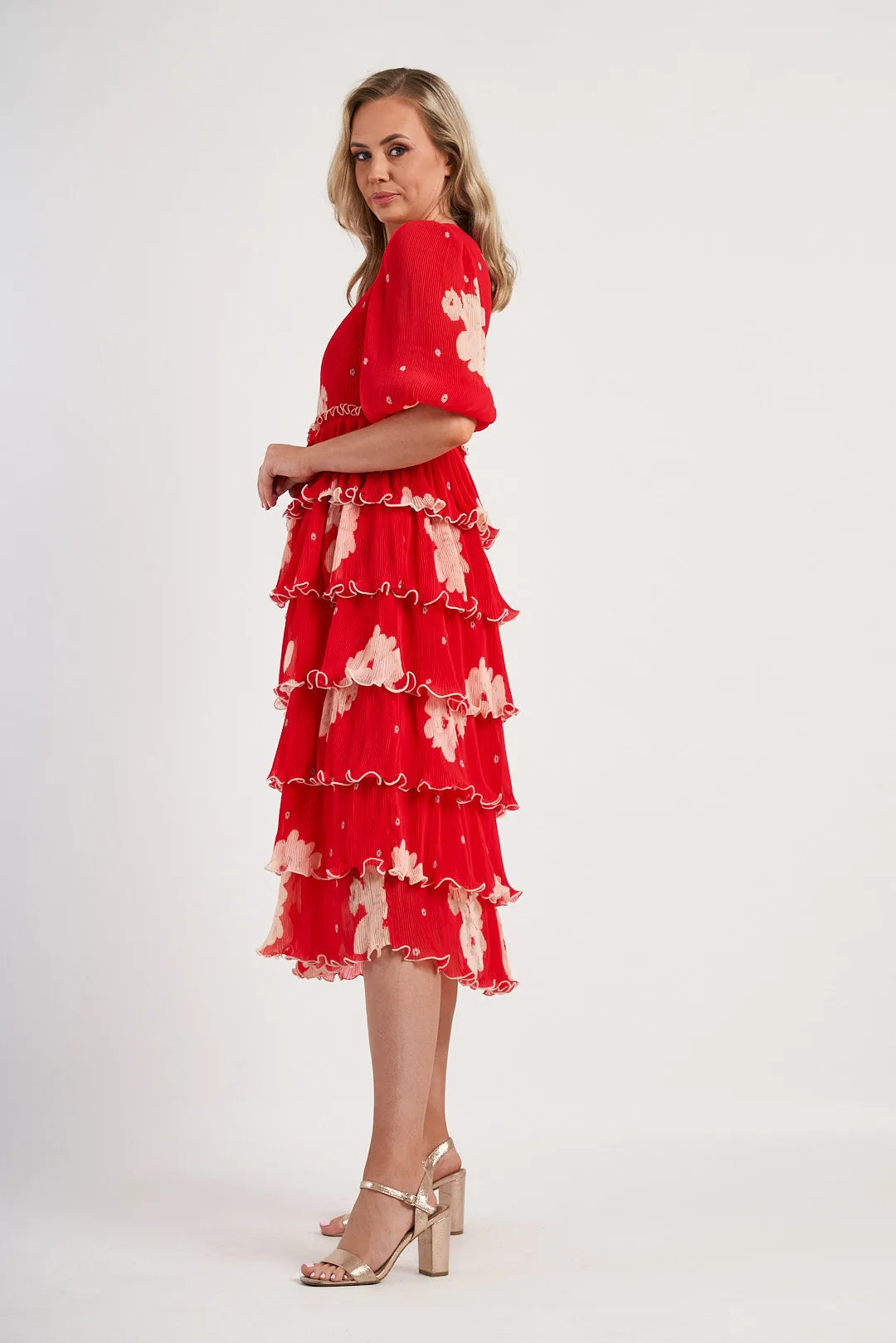 Ganni Red Floral Tiered Midi