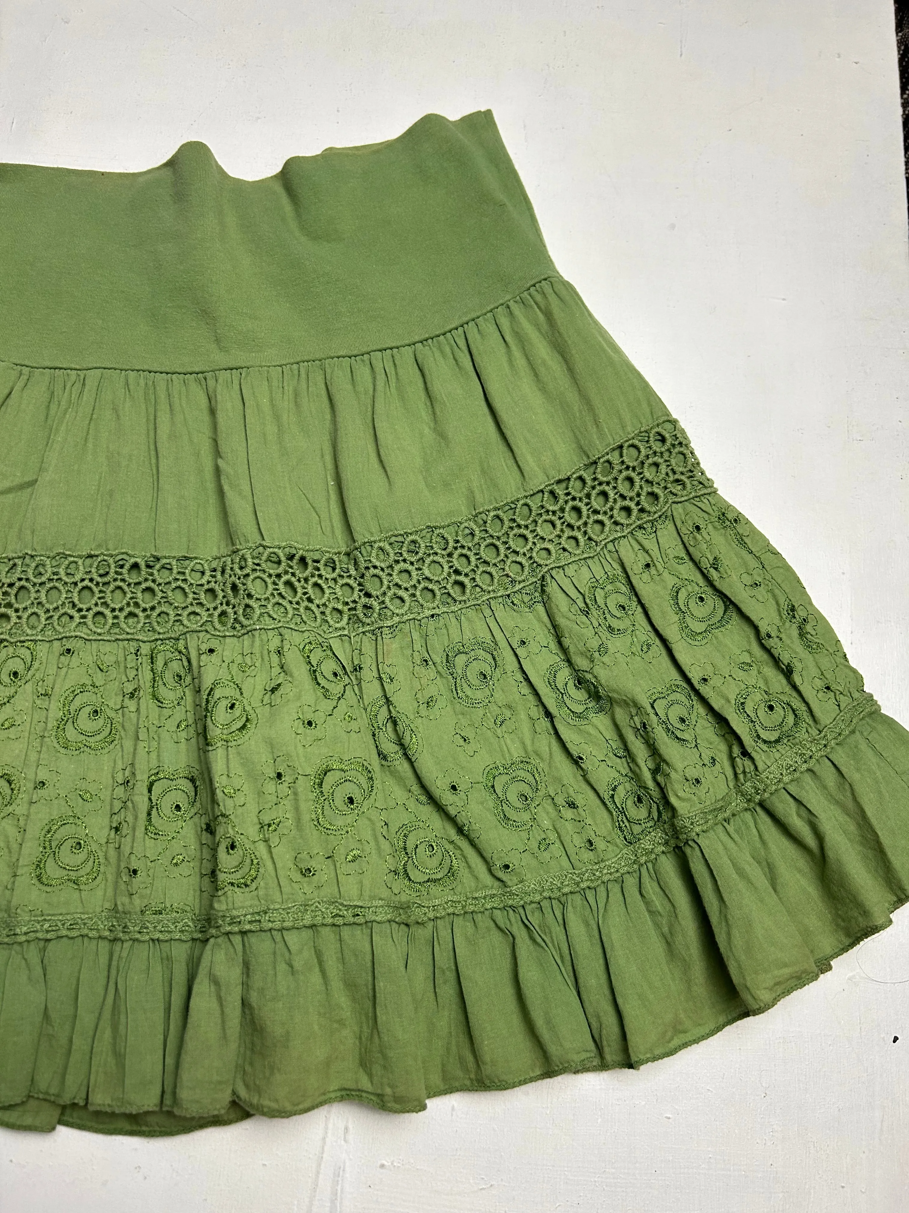 Green cotton low rise pleated mini skirt (S)