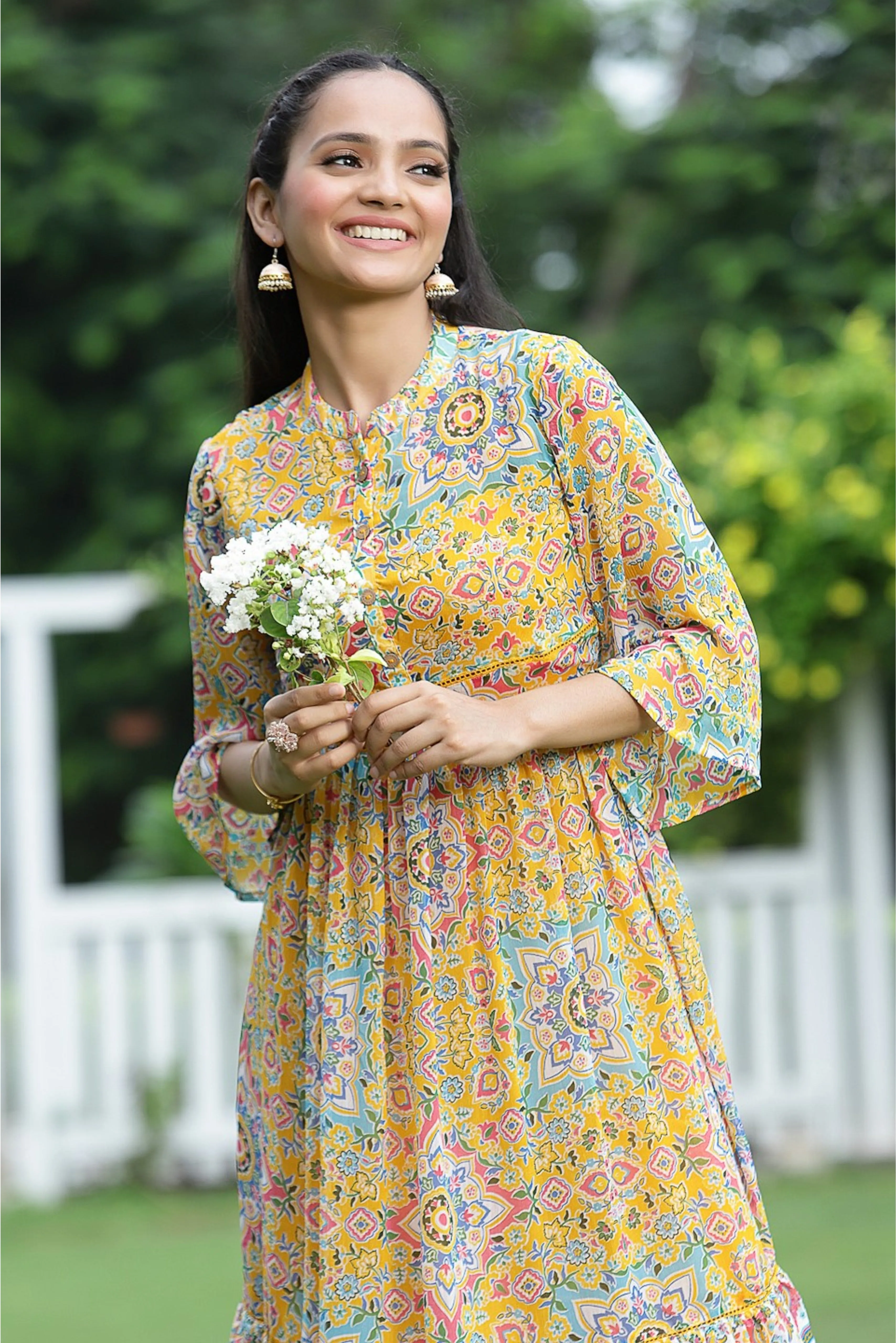 Juniper Mustard Geometric Printed Chiffon Tiered Maxi Dress With Buttons.