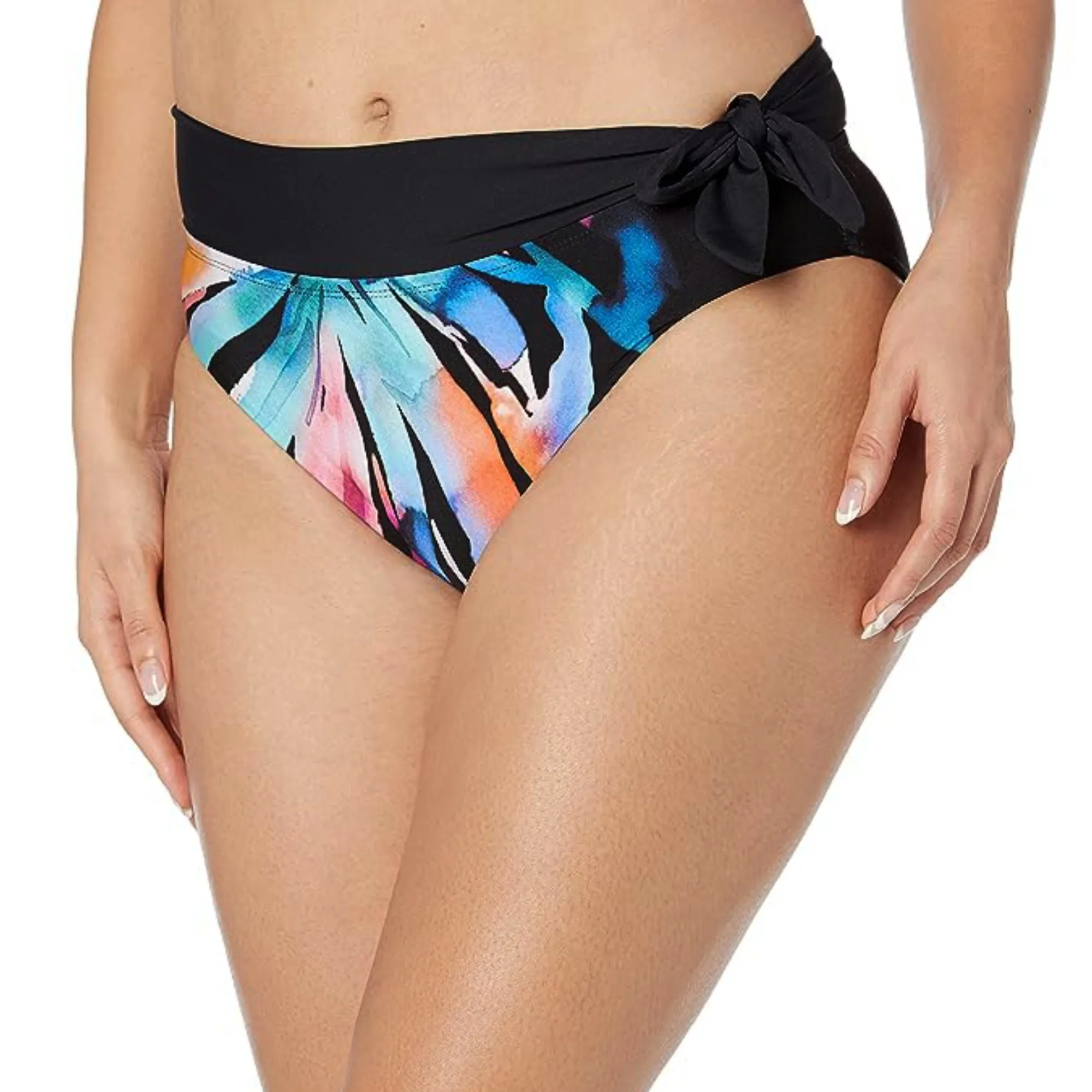 La Blanca Women's Plus Floral Prism Palm High Waist Side Sash Ties Swim Bottom