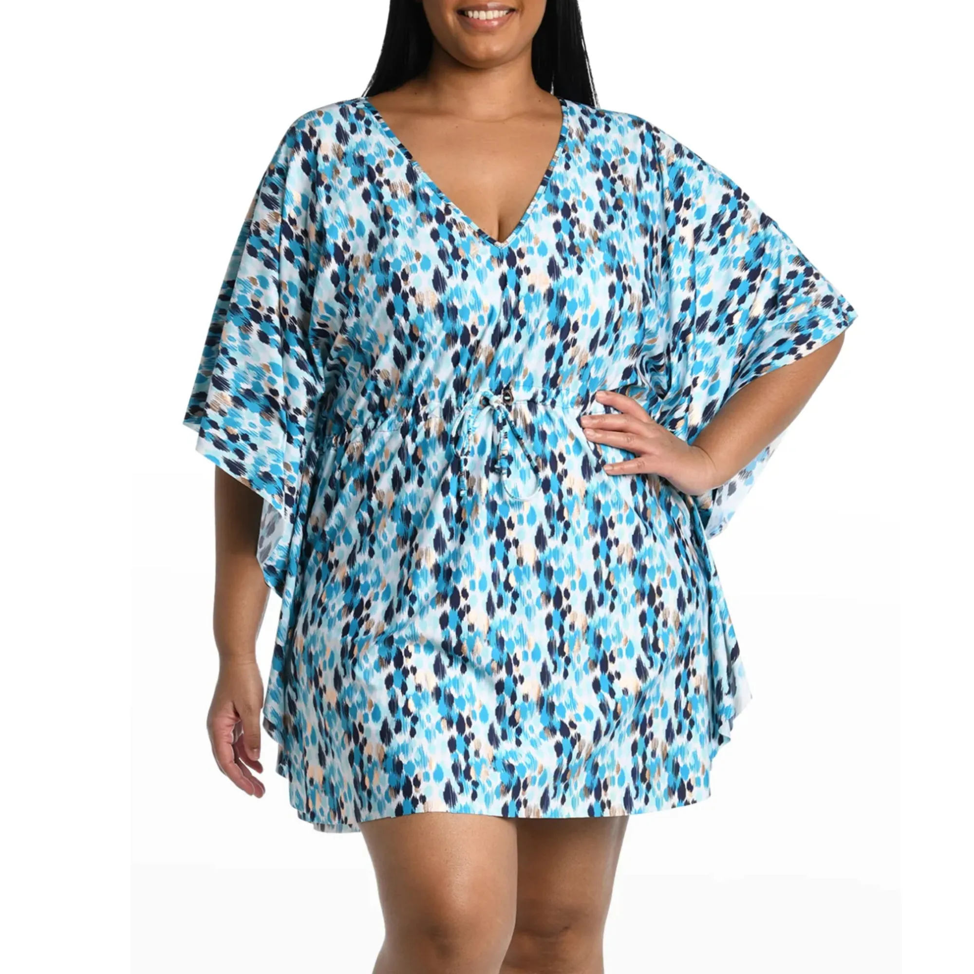 La Blanca Women's Plus Sea Glass Metallic Print Shores Beach Swim Caftan Cover-up