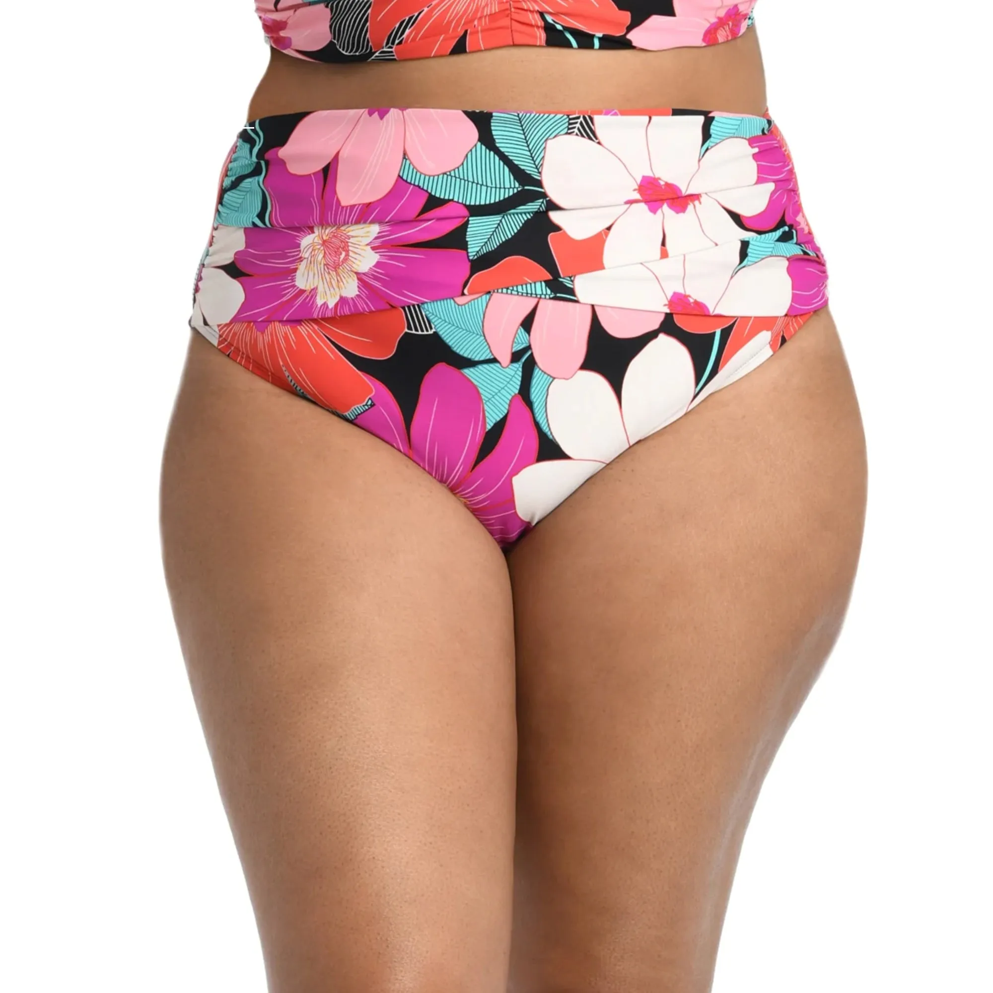 La Blanca Women's Plus Size In Full Bloom Floral High Neck Swim Tankini Top and Bottom Collection