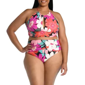 La Blanca Women's Plus Size In Full Bloom Floral High Neck Swim Tankini Top and Bottom Collection