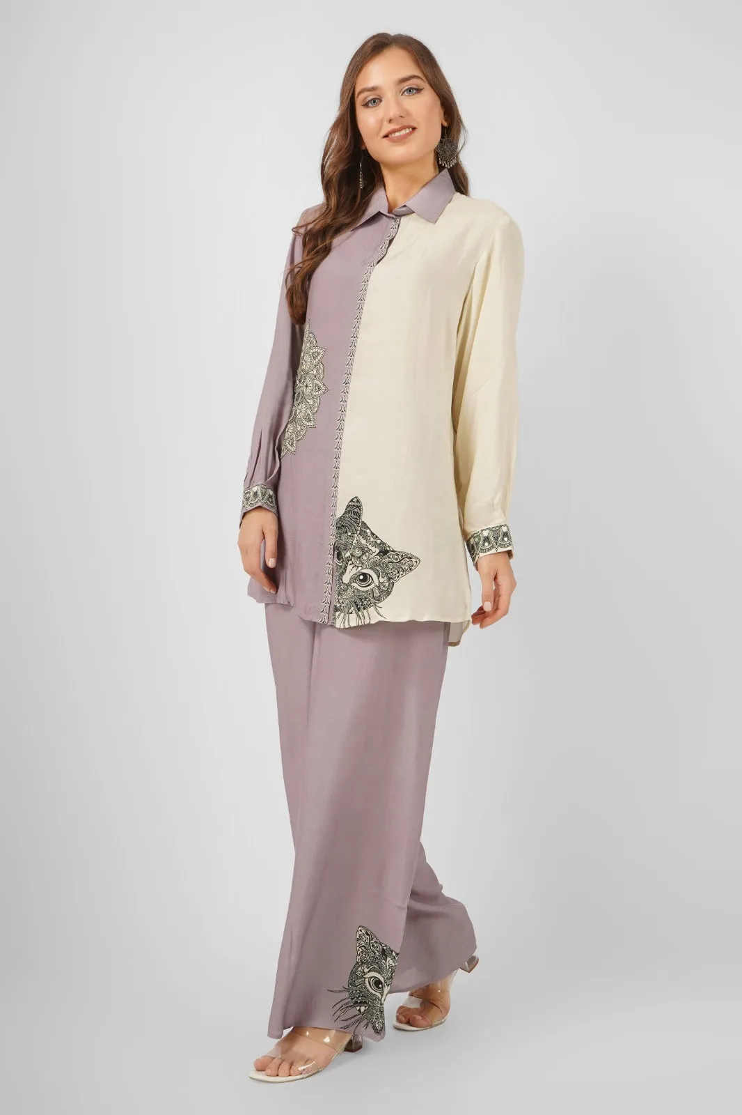 Lilac Muslin Cat Design Co ord Set