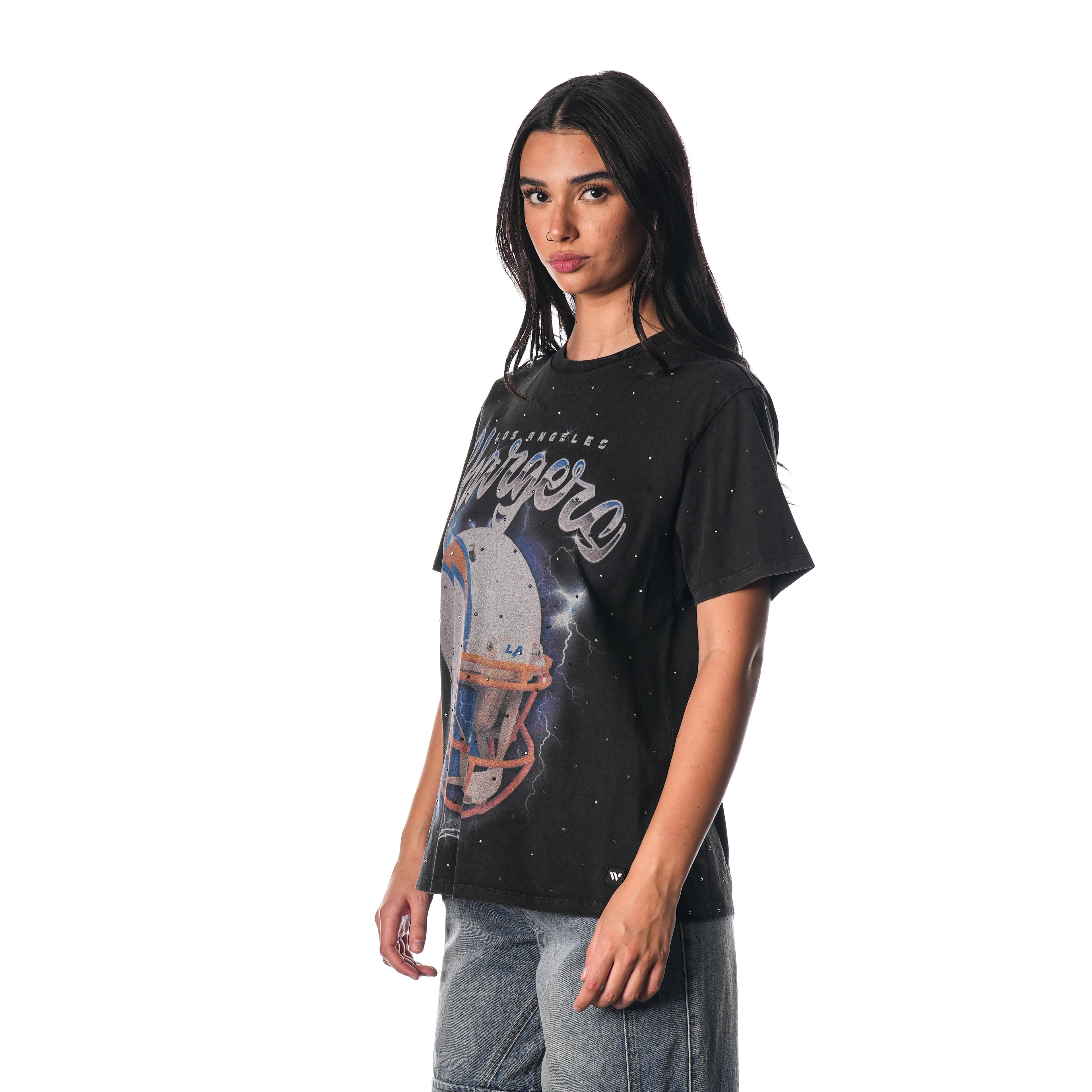 LOS ANGELES CHARGERS CRYSTAL STUDDED GRAPHIC TEE - BLACK