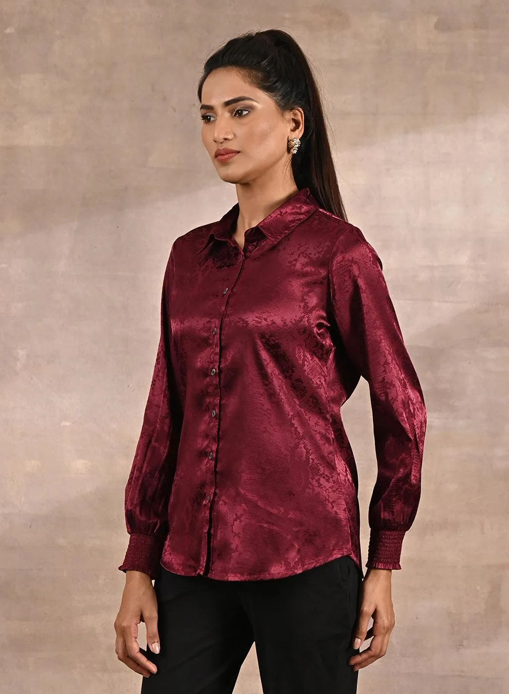 Maroon Aztec Printed Satin Shirt with Gathered Sleeves