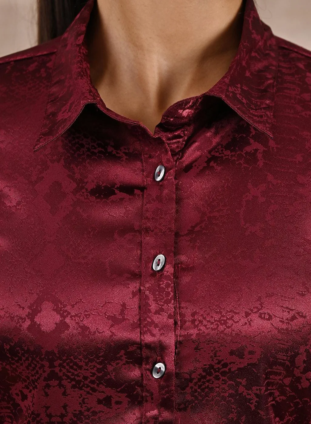 Maroon Aztec Printed Satin Shirt with Gathered Sleeves